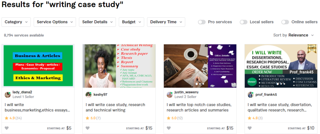 Selected Fiverr prices for case study writers, starting at $5.
