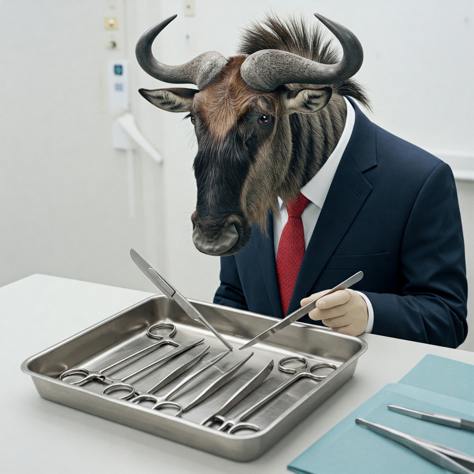 A wildebest inspecting medical tools.