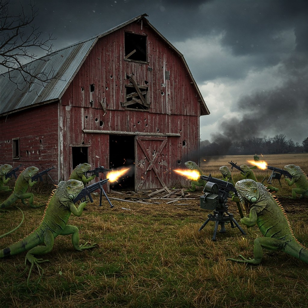 A farmhouse being attacked by iguanas with machine guns, representing third-party risk management threats.