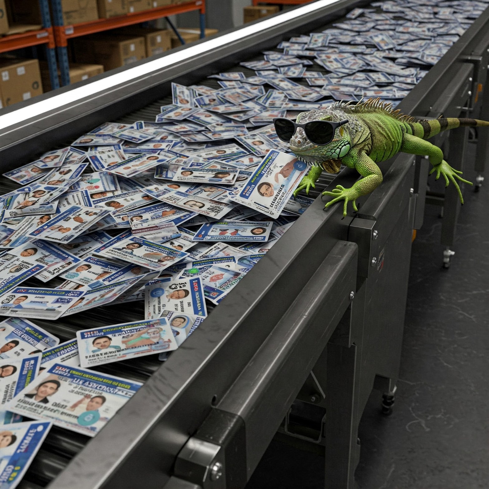 An iguana wearing sunglasses steals a driver's license from a conveyer belt, representing identity fraud.