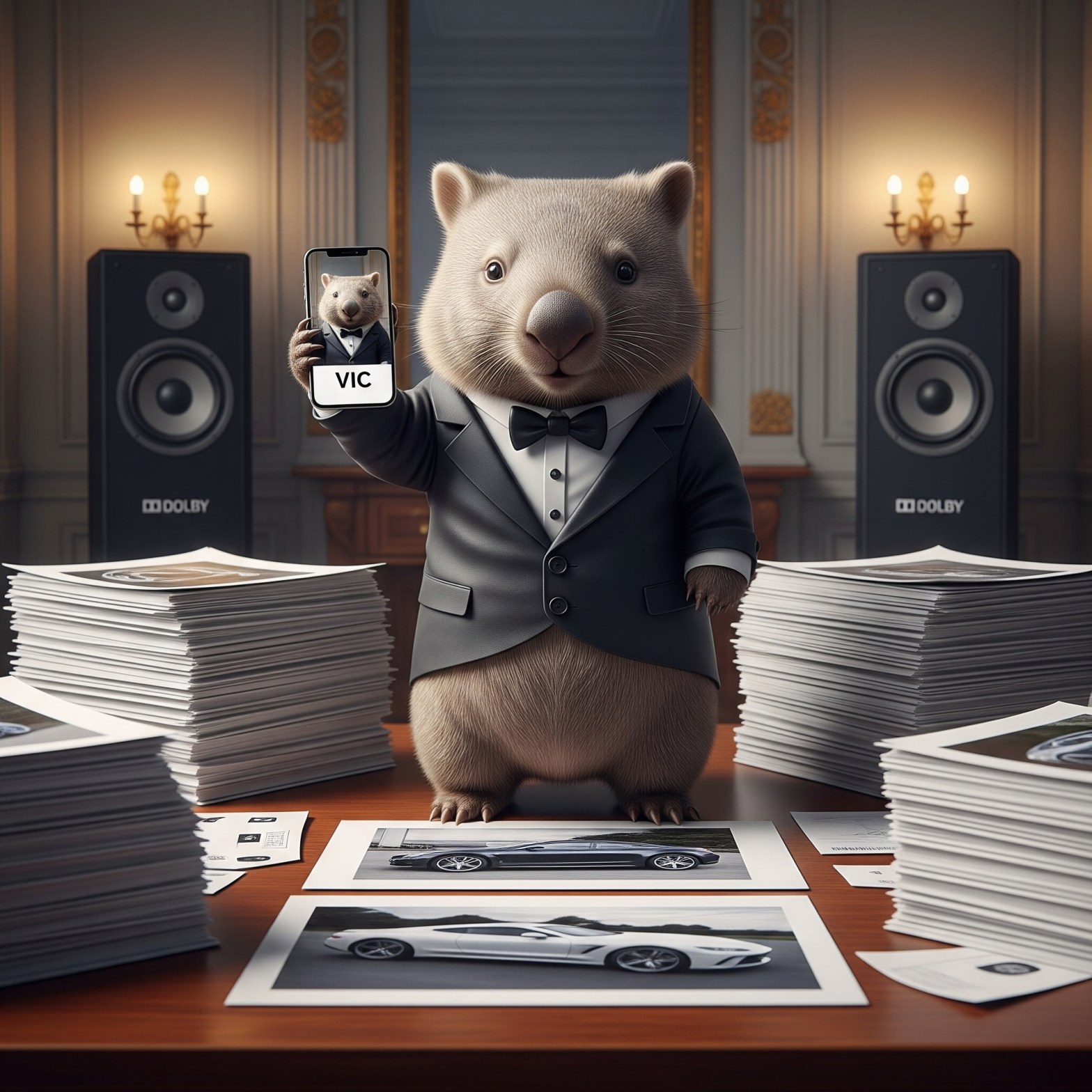 A wombat holding a phone displaying a digital identity, surrounded by papers with pictures of cars. Two Dolby speakers are in the back of the room.