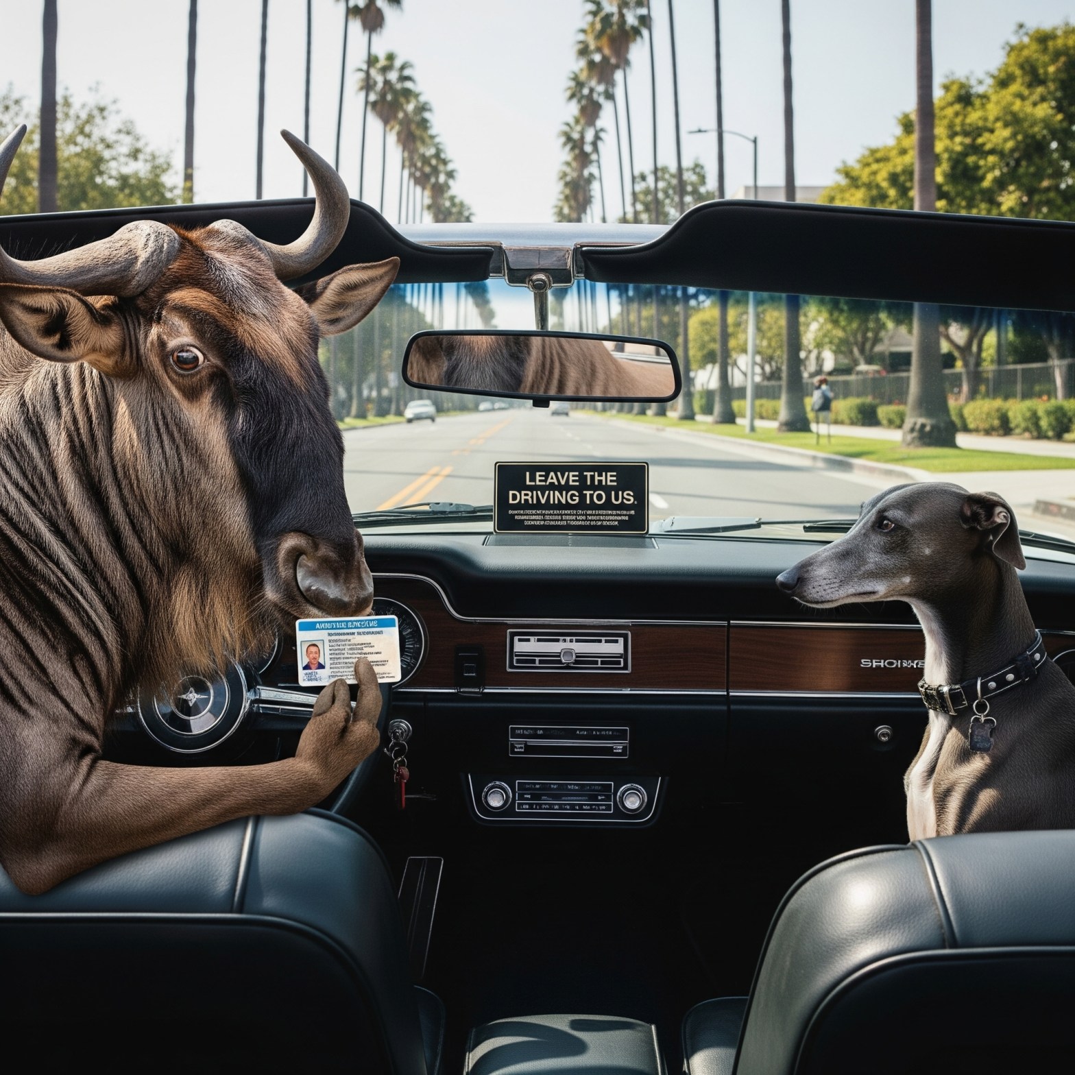 wildebeest and greyhound in a driverless car; the wildebeest is holding a driver's license