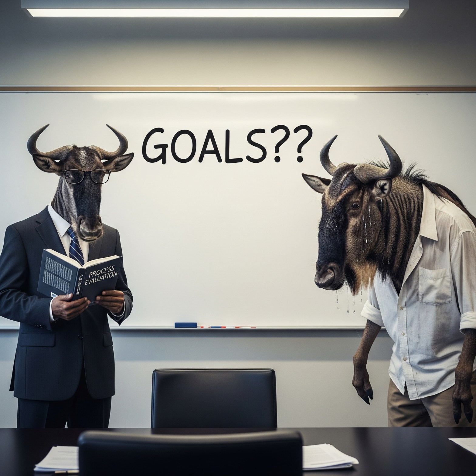 A wildebeest process evaluator discovers that another wildebeest has no goals.