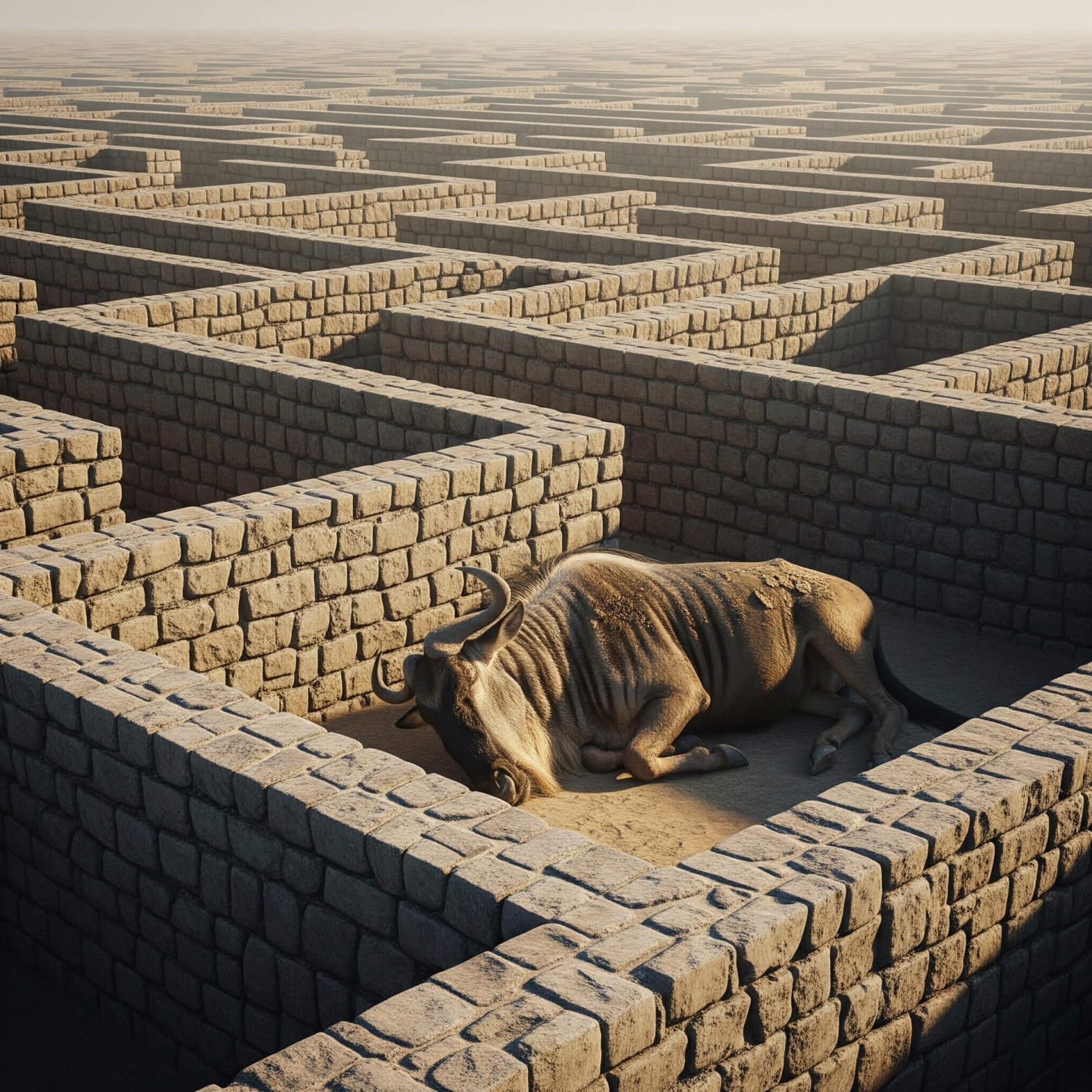 Wildebeest stuck in a complex maze