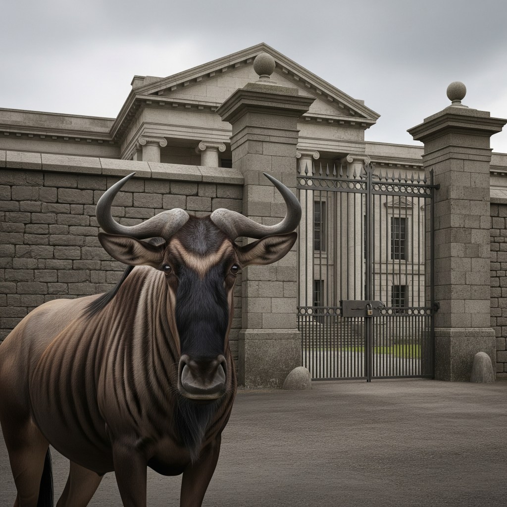 A wildebeest outside an imposing building with a locked gate.