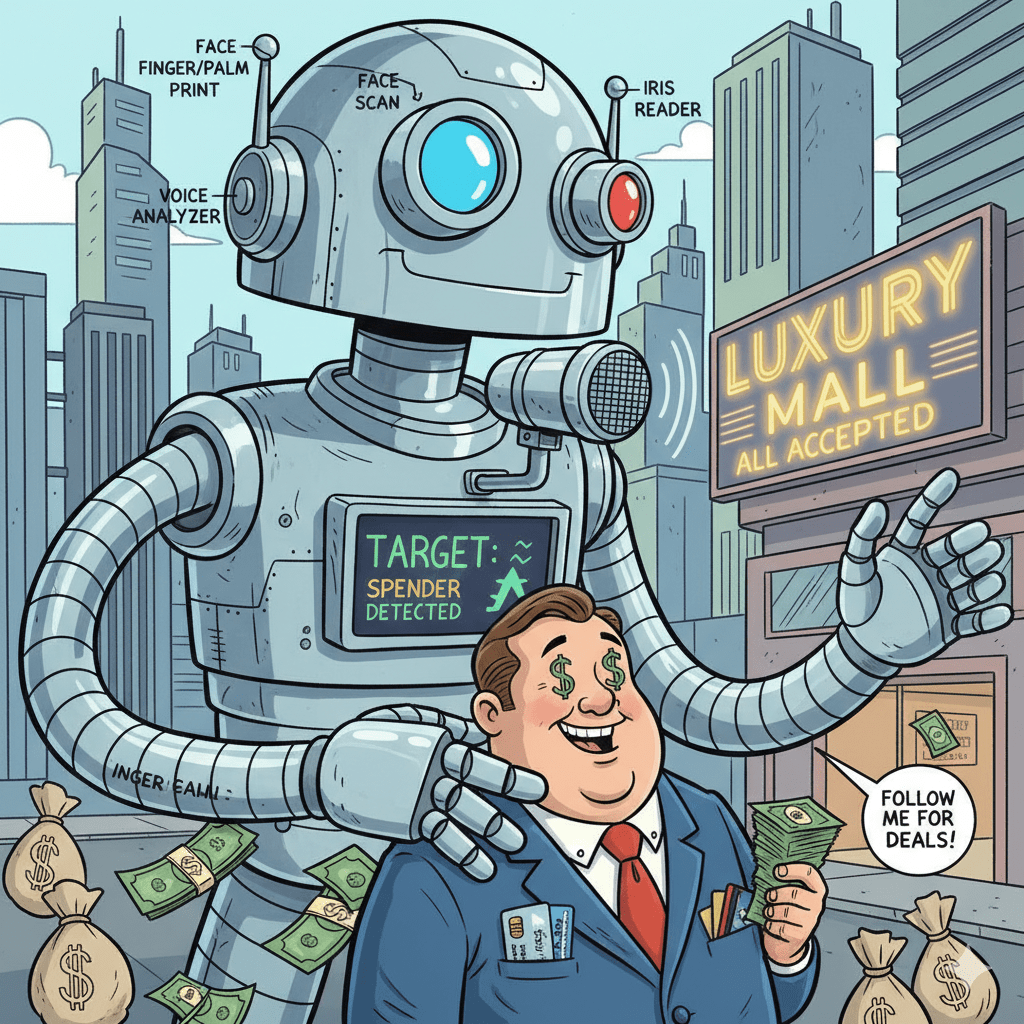 Biometric-equipped robot grabbing a client