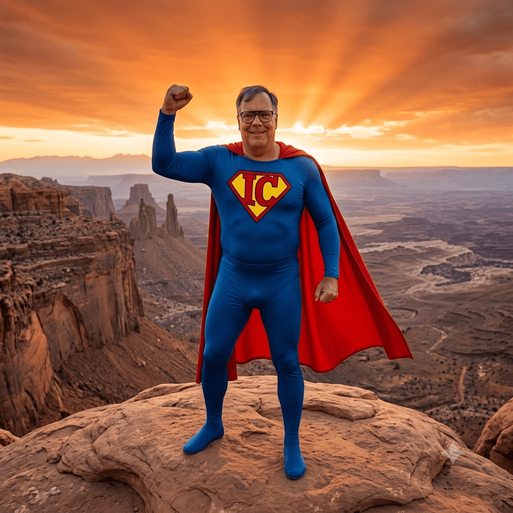 John E. Bredehoft as "Super IC" superhero on a desert outcropping.